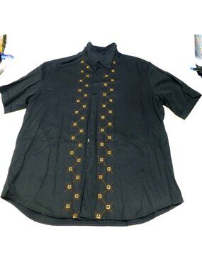 The Havanera Co Mens Black/Gold Embroidered Button-Up Shirt XL Rayon Blend Short
